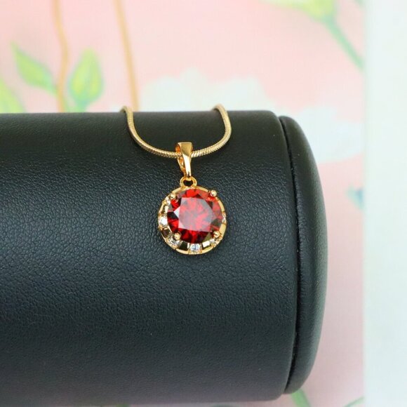 "Round Red Pendant with Crystal Halo in Gold Finish Setting, XPPT1651 - Picture 3 of 13